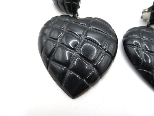 Vintage Raven Black Quilted Heart Clip On Earrings