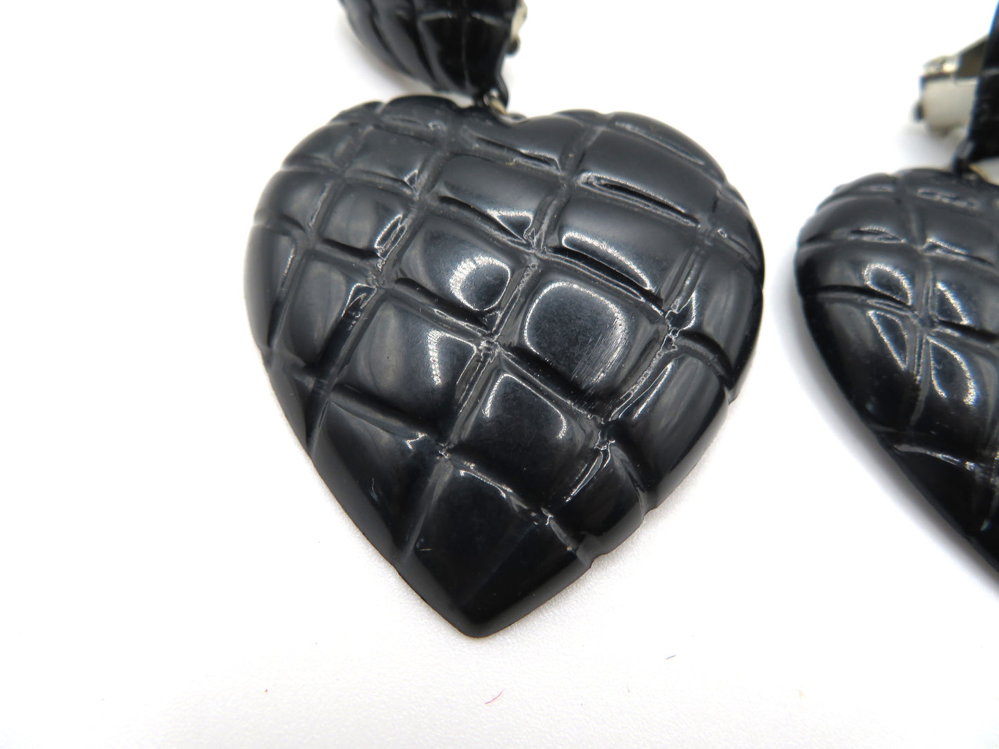 Vintage Raven Black Quilted Heart Clip On Earrings