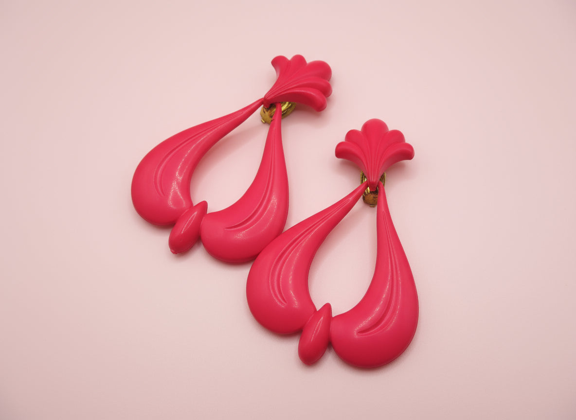 Vintage Huge Rococo Hot Pink West Germany Clip On Earrings