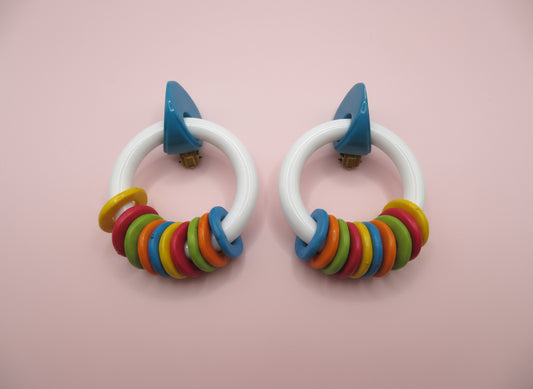 Vintage Rare ASMR Early Plastic Rattle Hoop Clip On Earrings