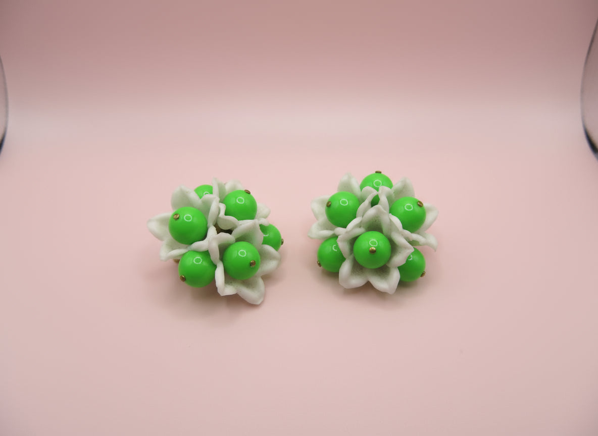 Vintage Neon Flower Beaded Button Style West Germany Clip On Earrings