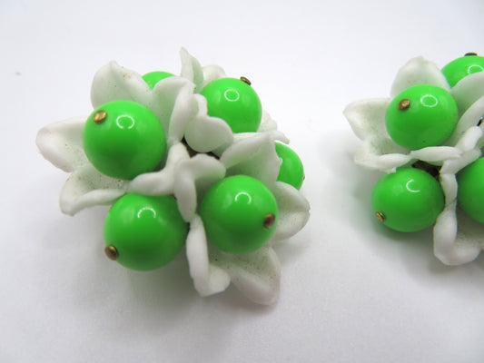 Vintage Neon Flower Beaded Button Style West Germany Clip On Earrings
