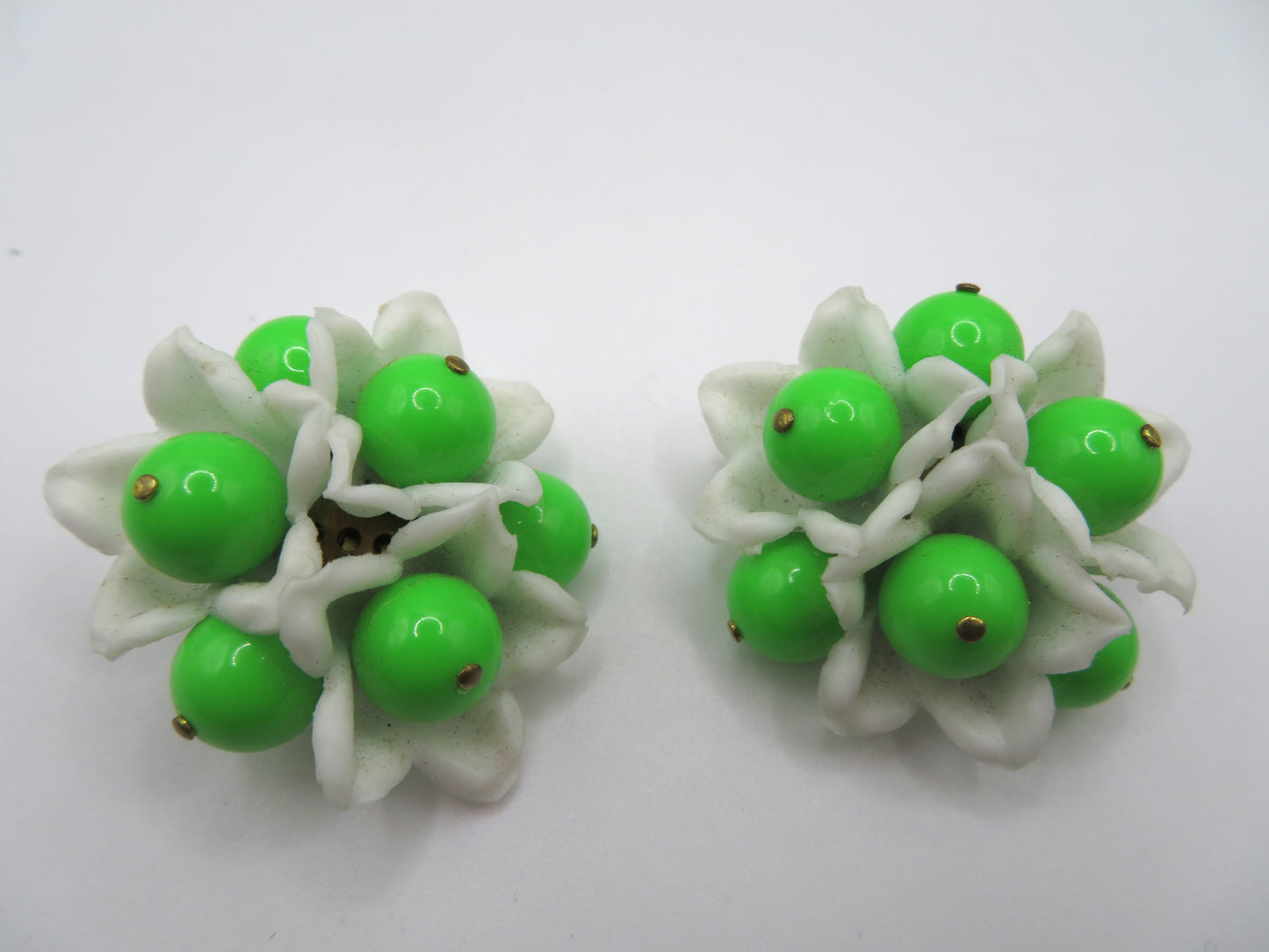 Vintage Neon Flower Beaded Button Style West Germany Clip On Earrings