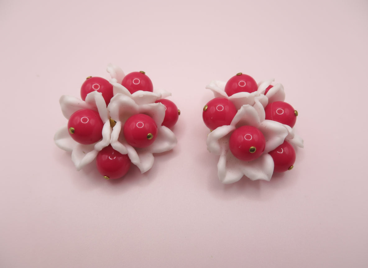 Vintage Hot Pink Flower Beaded Button Style West Germany Clip On Earrings