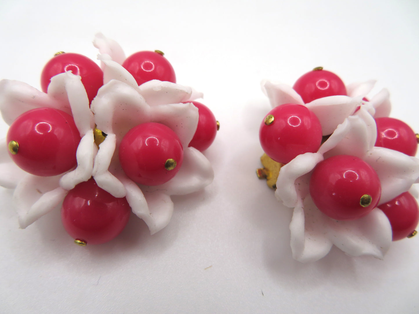 Vintage Hot Pink Flower Beaded Button Style West Germany Clip On Earrings