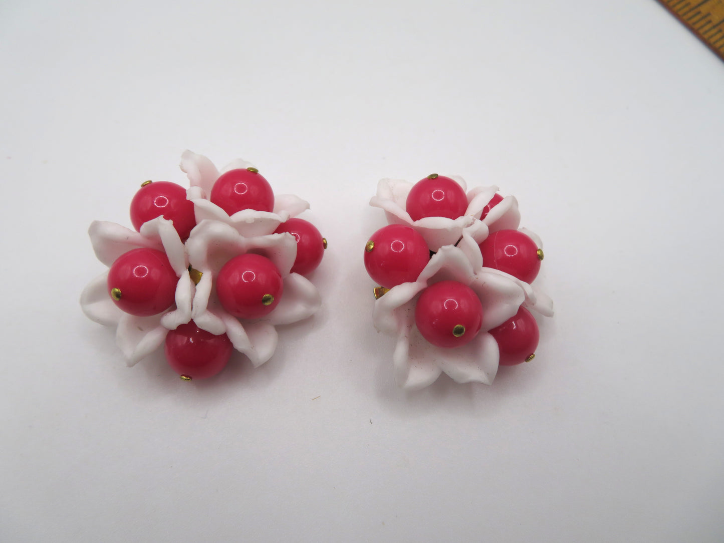 Vintage Hot Pink Flower Beaded Button Style West Germany Clip On Earrings