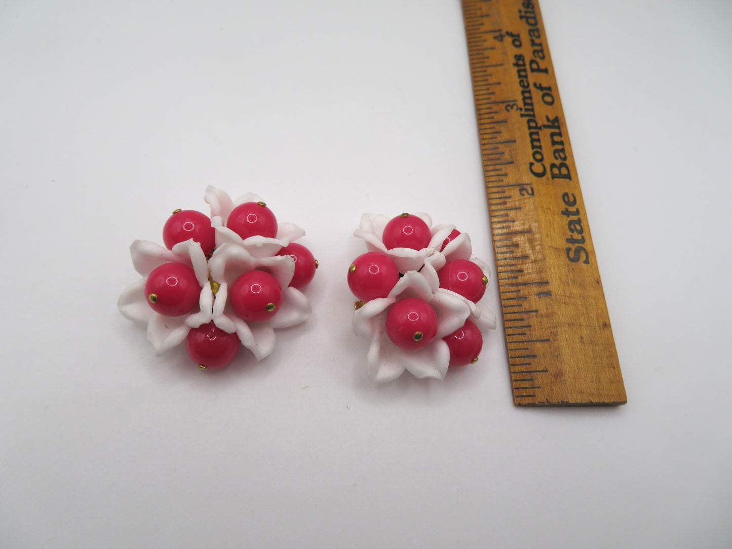 Vintage Hot Pink Flower Beaded Button Style West Germany Clip On Earrings