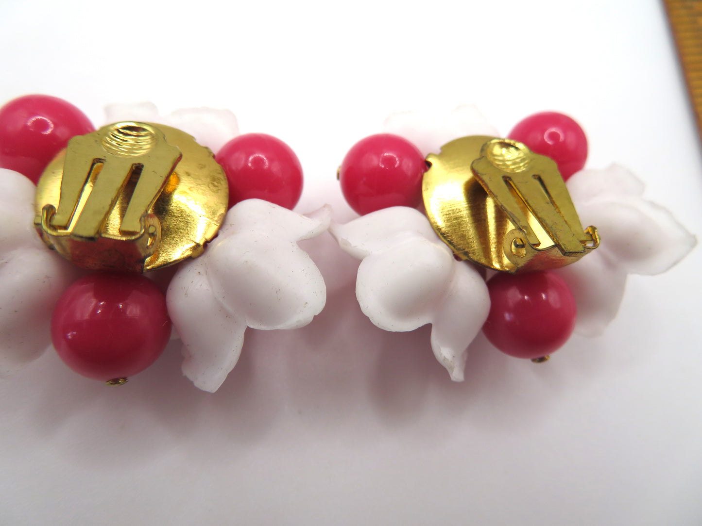 Vintage Hot Pink Flower Beaded Button Style West Germany Clip On Earrings