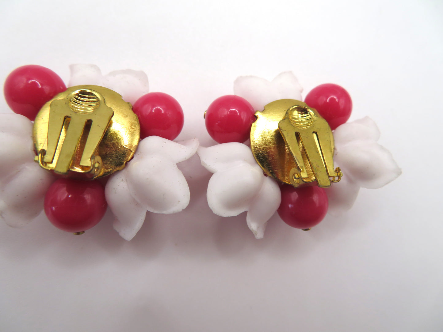 Vintage Hot Pink Flower Beaded Button Style West Germany Clip On Earrings
