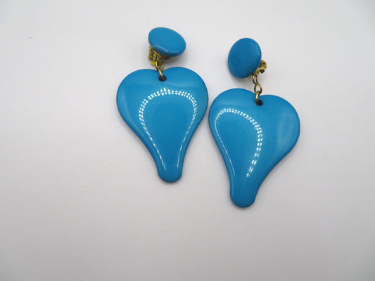 Vintage Bright Blue Heart Clip On Earrings