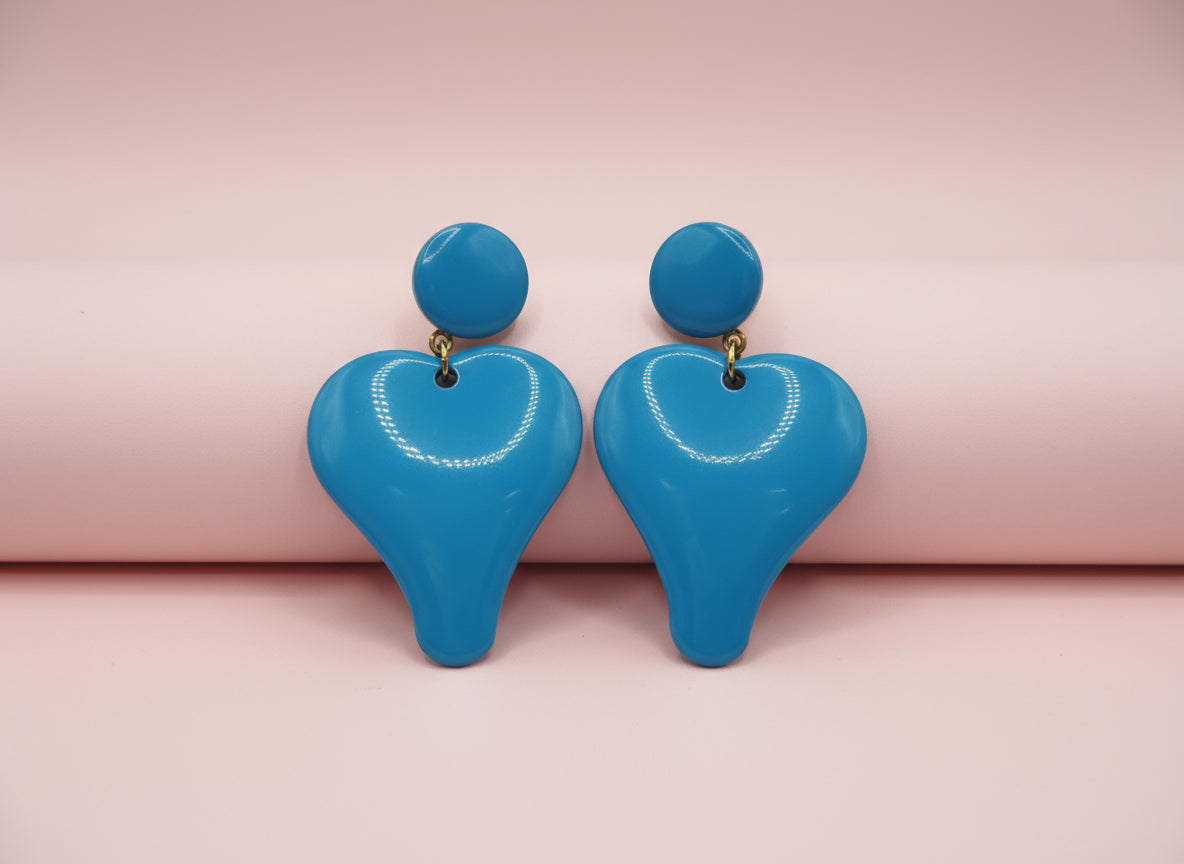 Vintage Bright Blue Heart Clip On Earrings