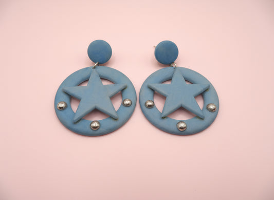 Vintage Blue Studded Star Clip On Earrings