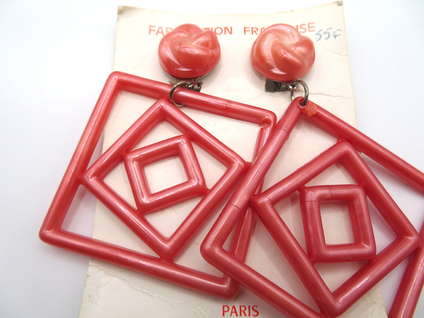 Vintage Deadstock French Pearly Pink Geometric Clip On Earrings