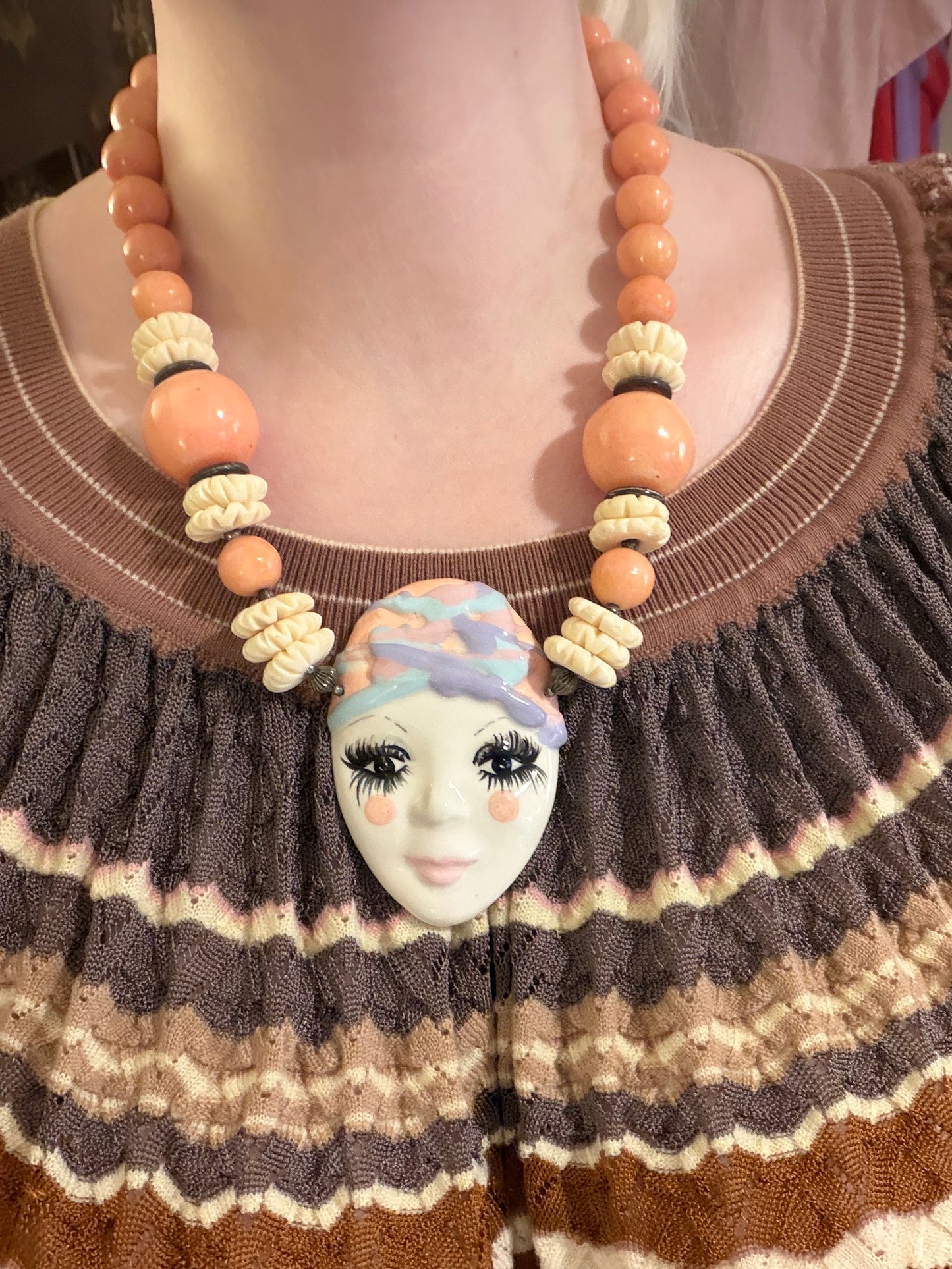 Vintage Chunky Darling Porcelain Pierrot Necklace