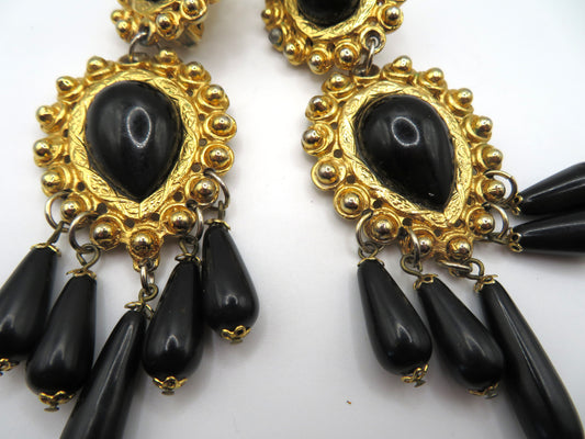 Vintage Black and Gold Huge Beaded Chandelier Drop Clip On Earrings