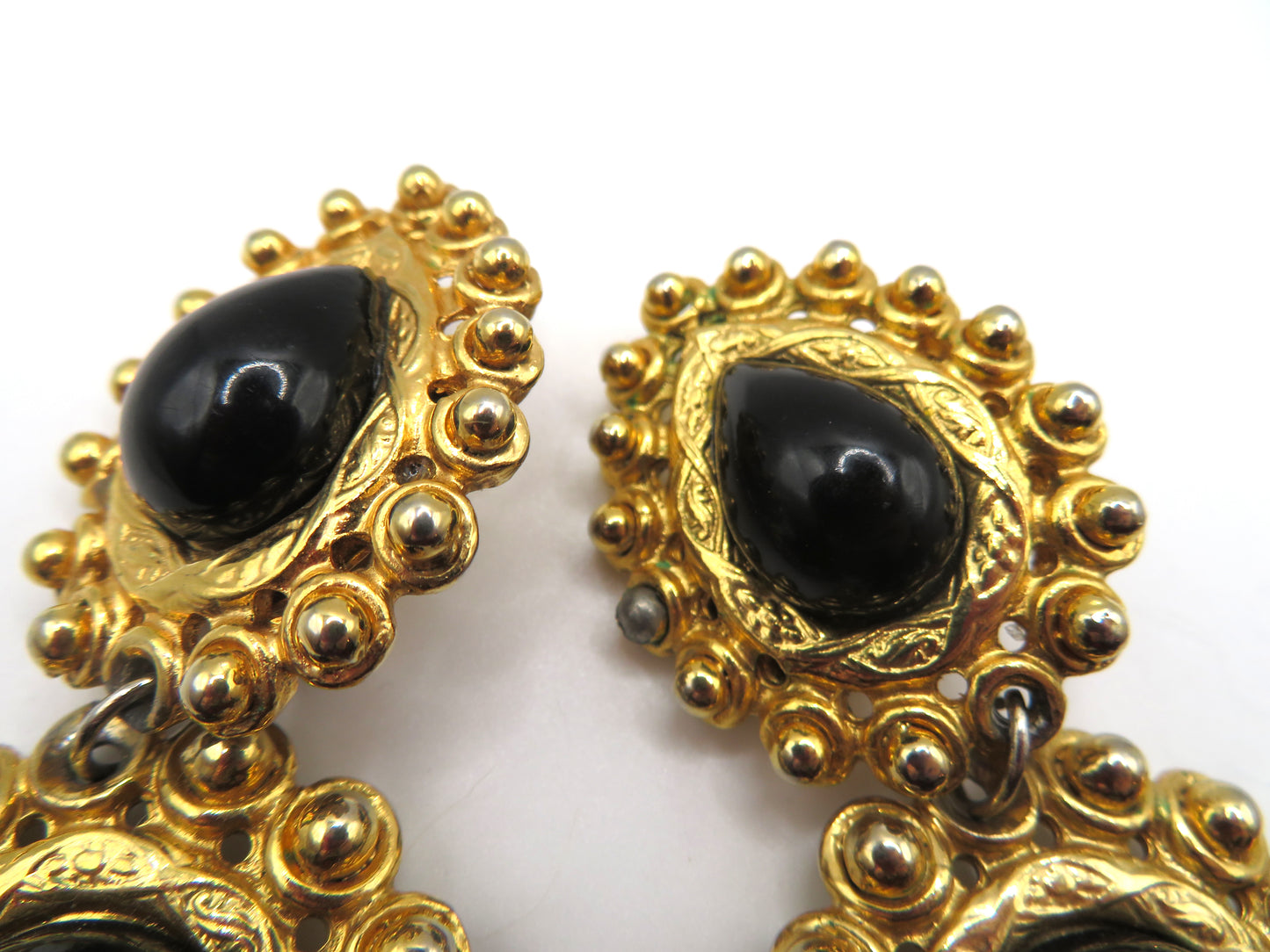 Vintage Black and Gold Huge Beaded Chandelier Drop Clip On Earrings