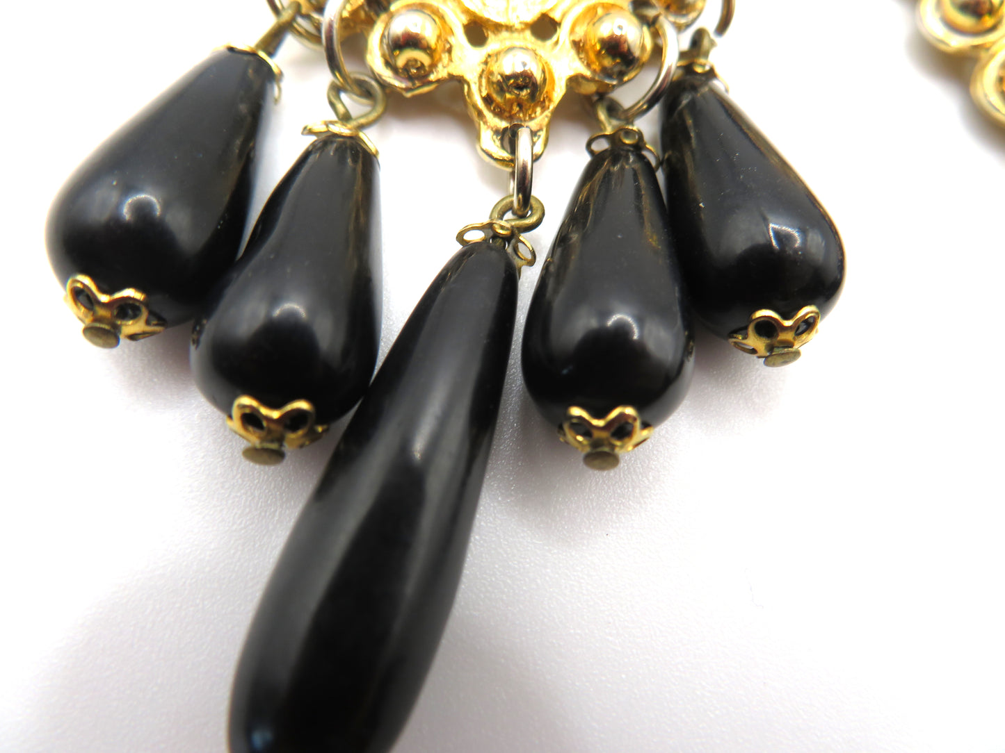 Vintage Black and Gold Huge Beaded Chandelier Drop Clip On Earrings