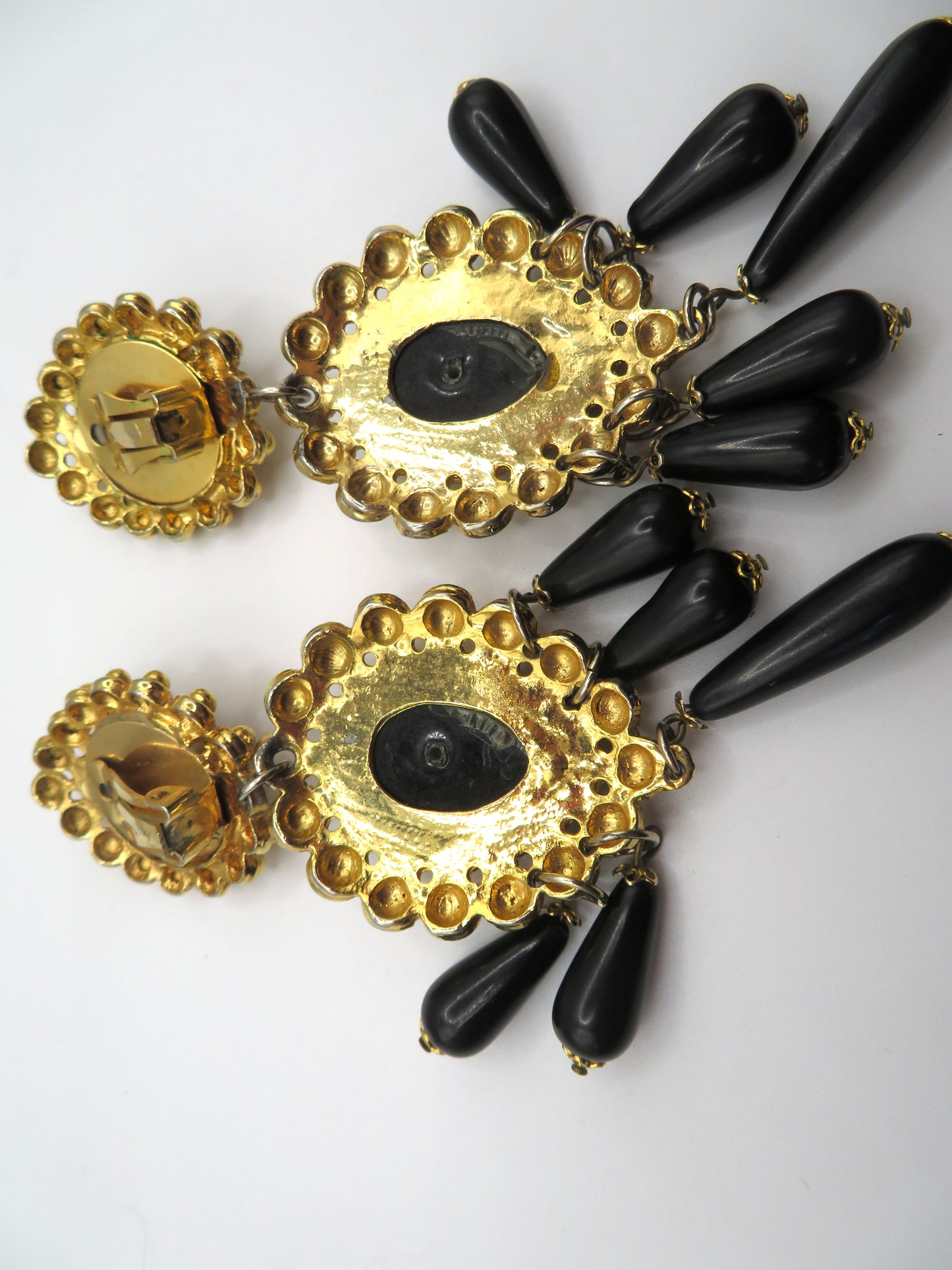Vintage Black and Gold Huge Beaded Chandelier Drop Clip On Earrings