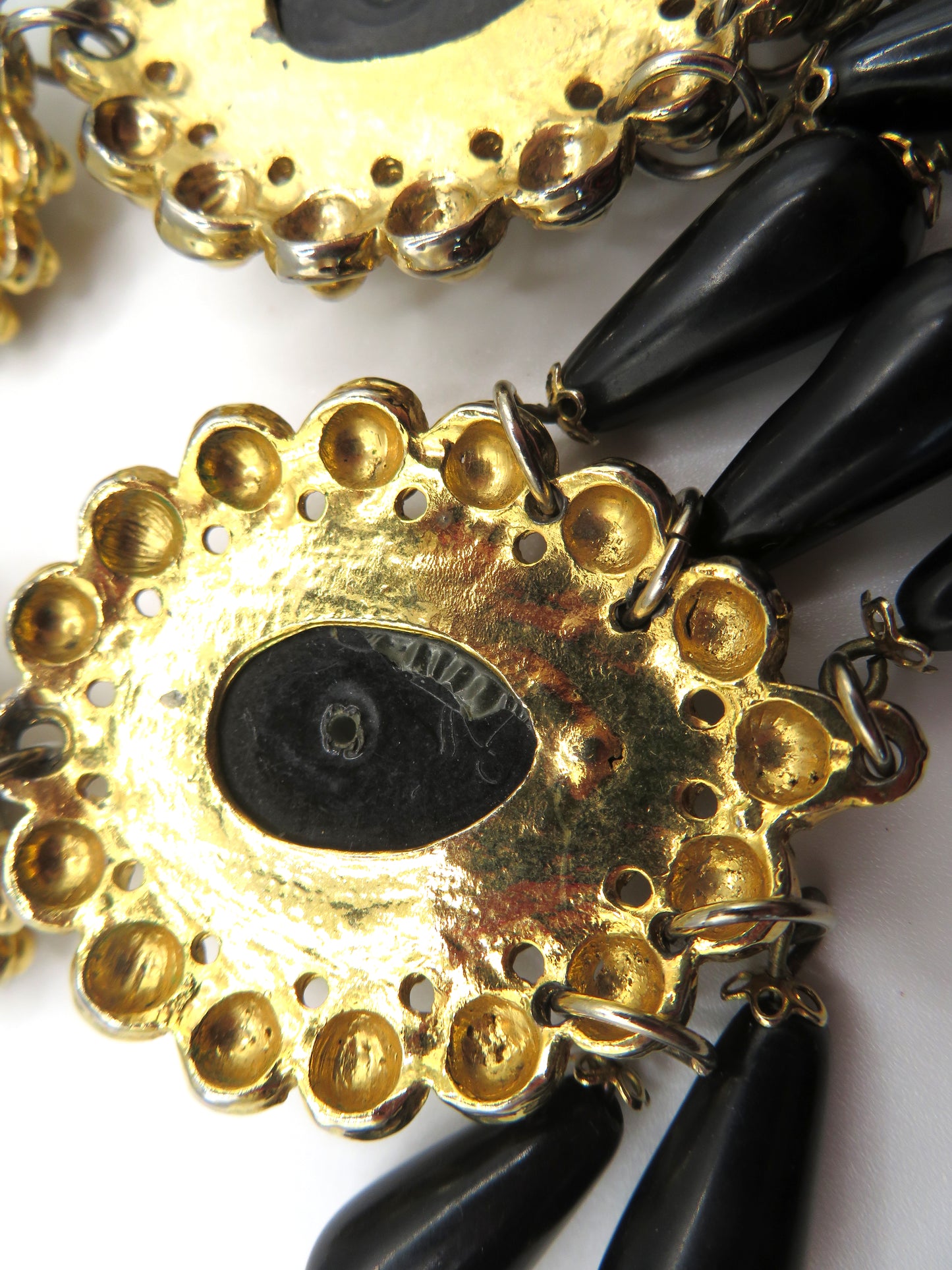 Vintage Black and Gold Huge Beaded Chandelier Drop Clip On Earrings