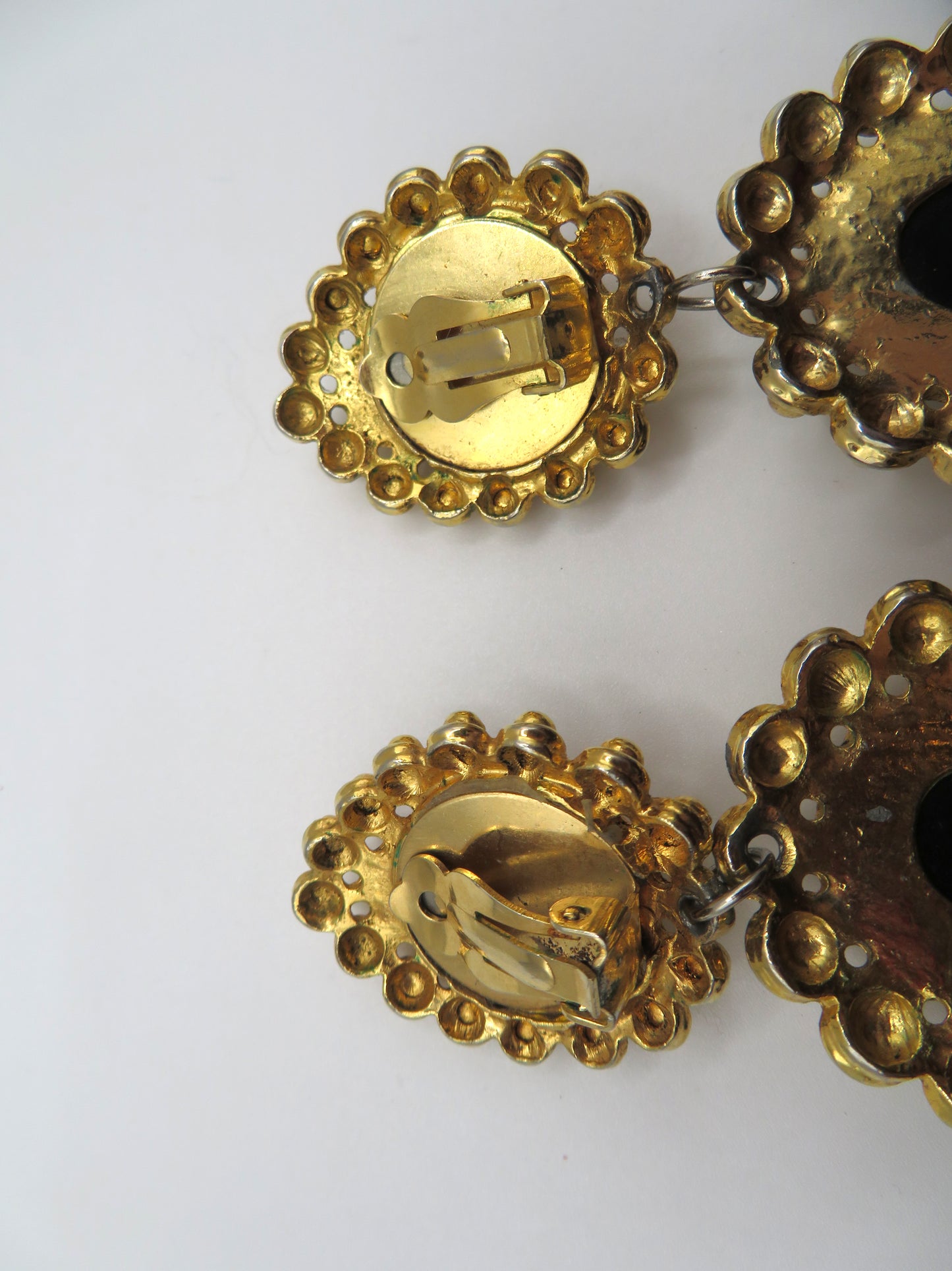 Vintage Black and Gold Huge Beaded Chandelier Drop Clip On Earrings