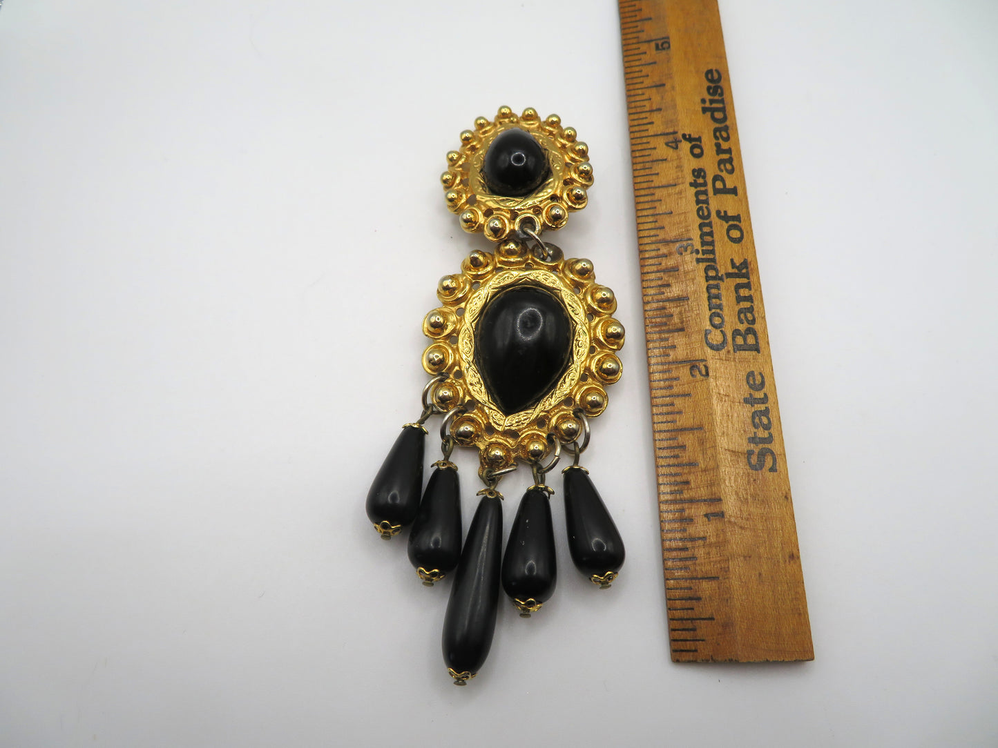 Vintage Black and Gold Huge Beaded Chandelier Drop Clip On Earrings