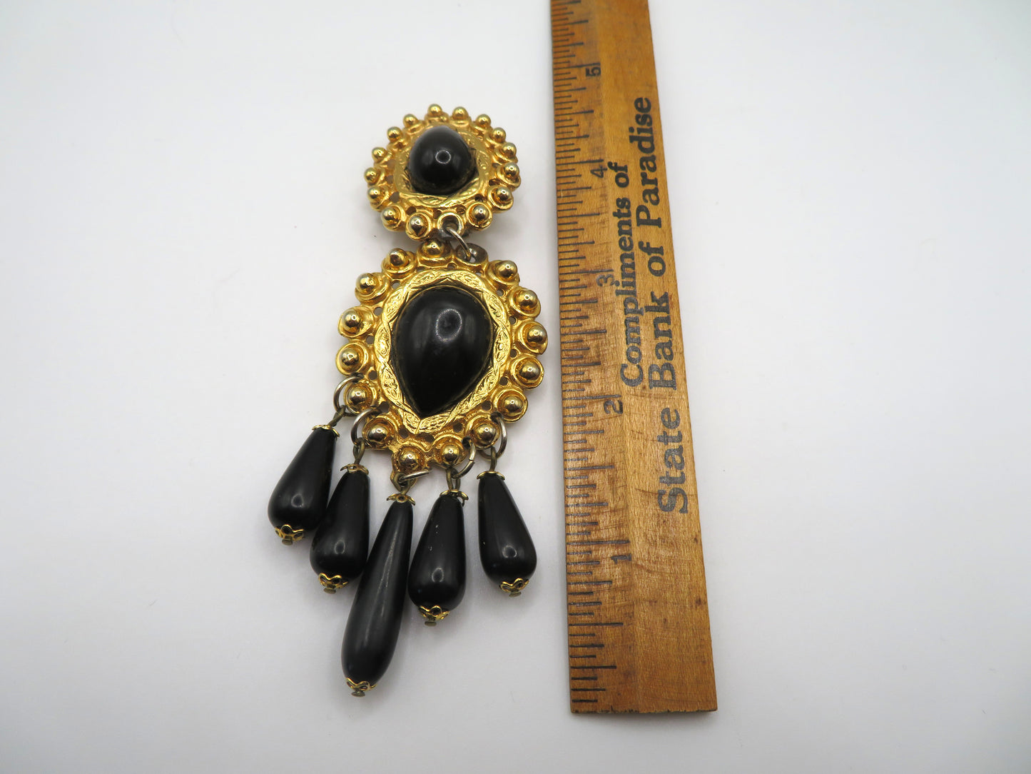Vintage Black and Gold Huge Beaded Chandelier Drop Clip On Earrings