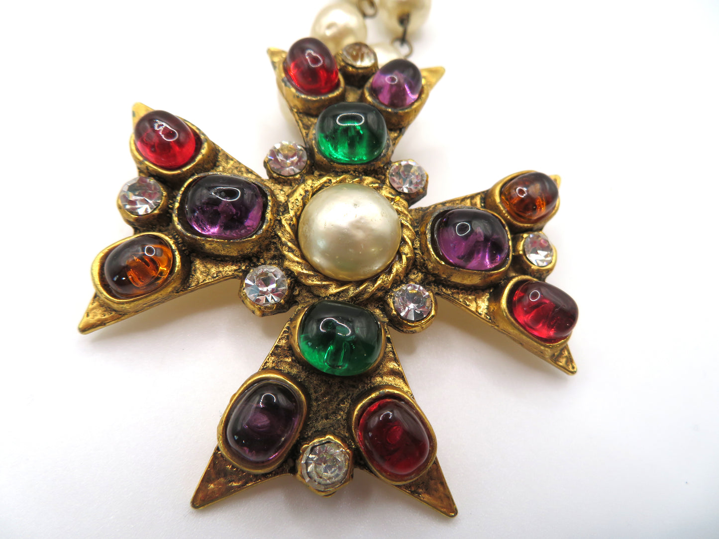 Vintage Chanel 1985 Gripoix Pearl Maltese Cross Statement Necklace