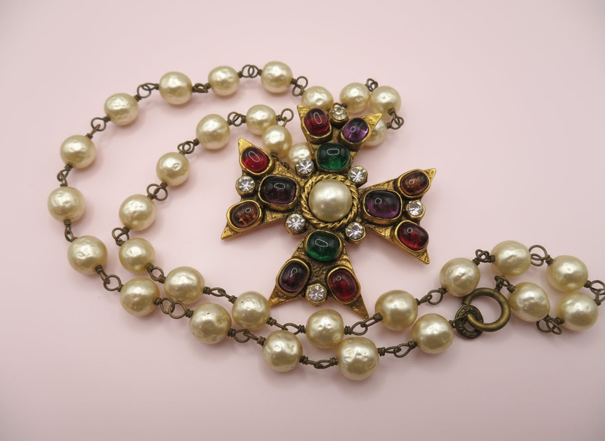 Vintage Chanel 1985 Gripoix Pearl Maltese Cross Statement Necklace