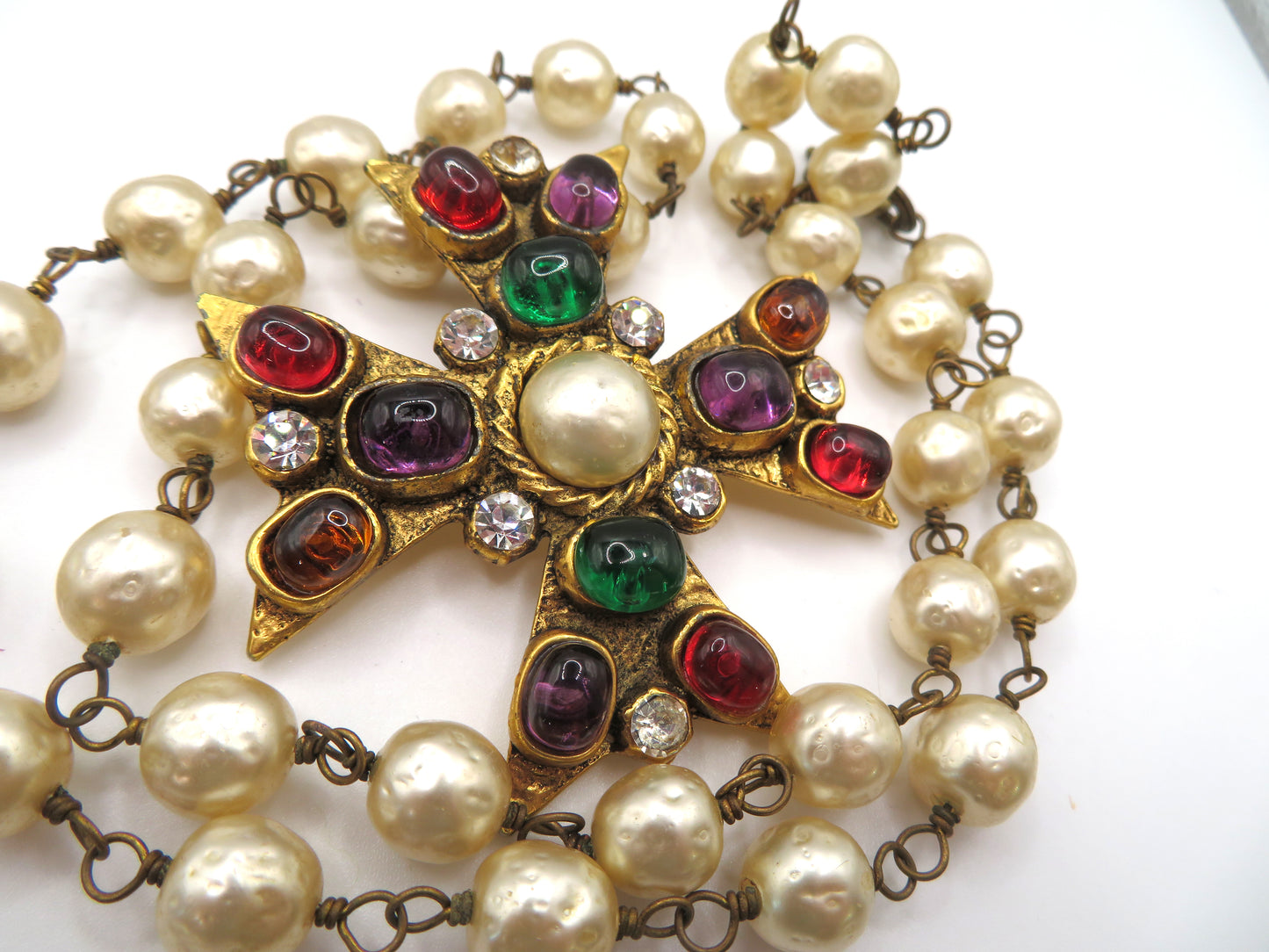 Vintage Chanel 1985 Gripoix Pearl Maltese Cross Statement Necklace