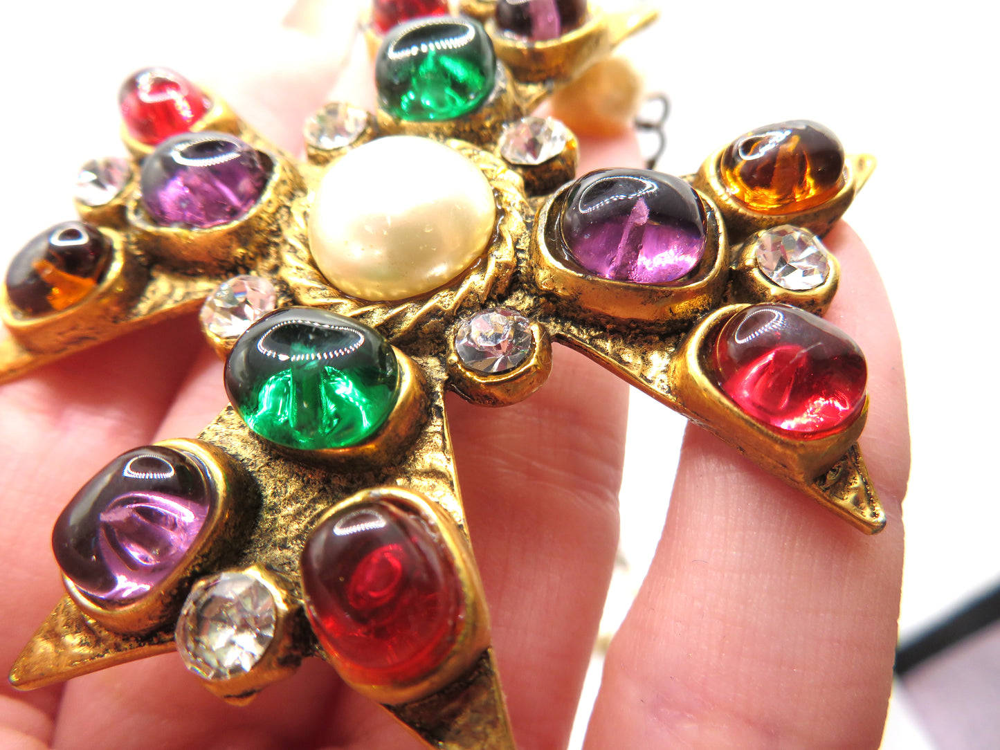 Vintage Chanel 1985 Gripoix Pearl Maltese Cross Statement Necklace
