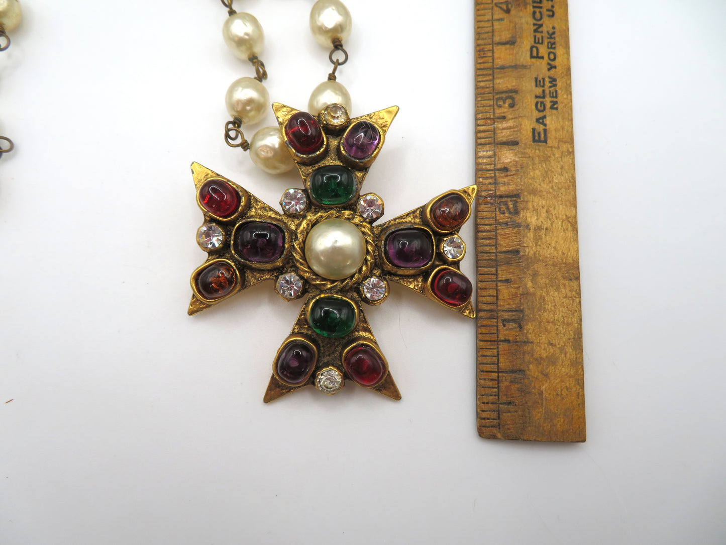 Vintage Chanel 1985 Gripoix Pearl Maltese Cross Statement Necklace
