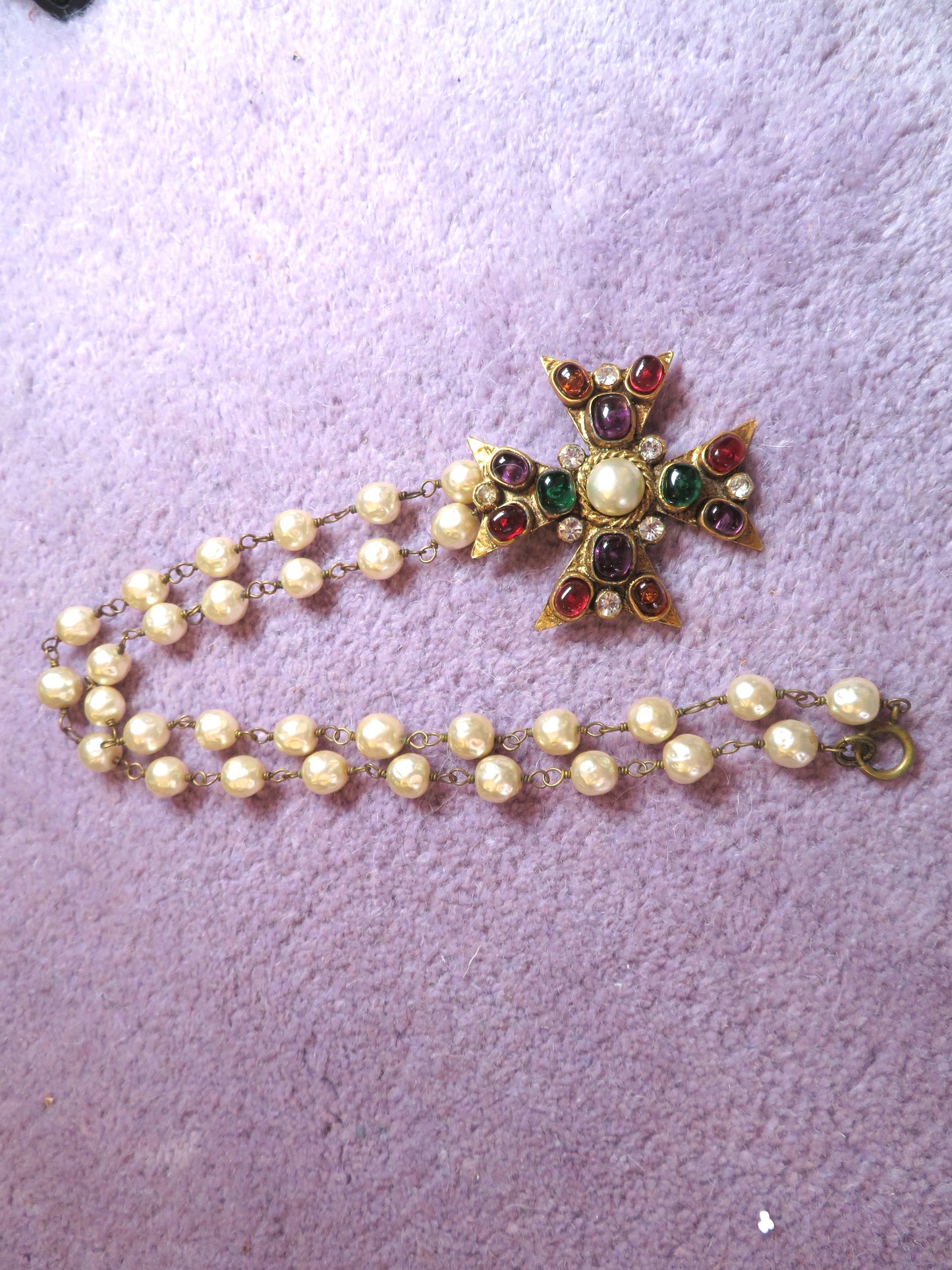 Vintage Chanel 1985 Gripoix Pearl Maltese Cross Statement Necklace