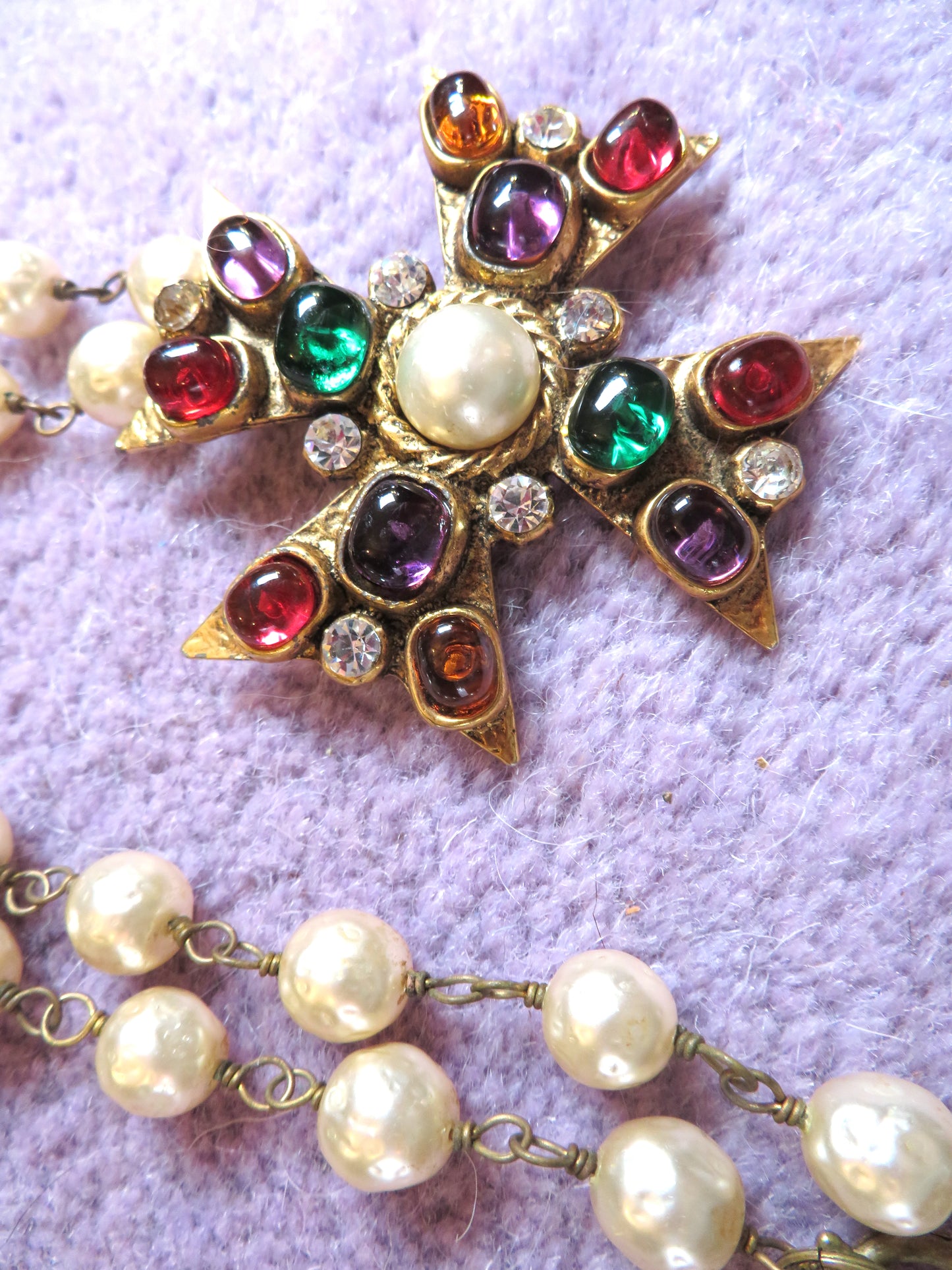 Vintage Chanel 1985 Gripoix Pearl Maltese Cross Statement Necklace