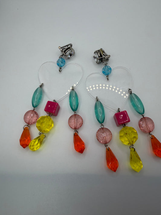 Miu Miu Lucite Heart Beaded Chandelier Earrings