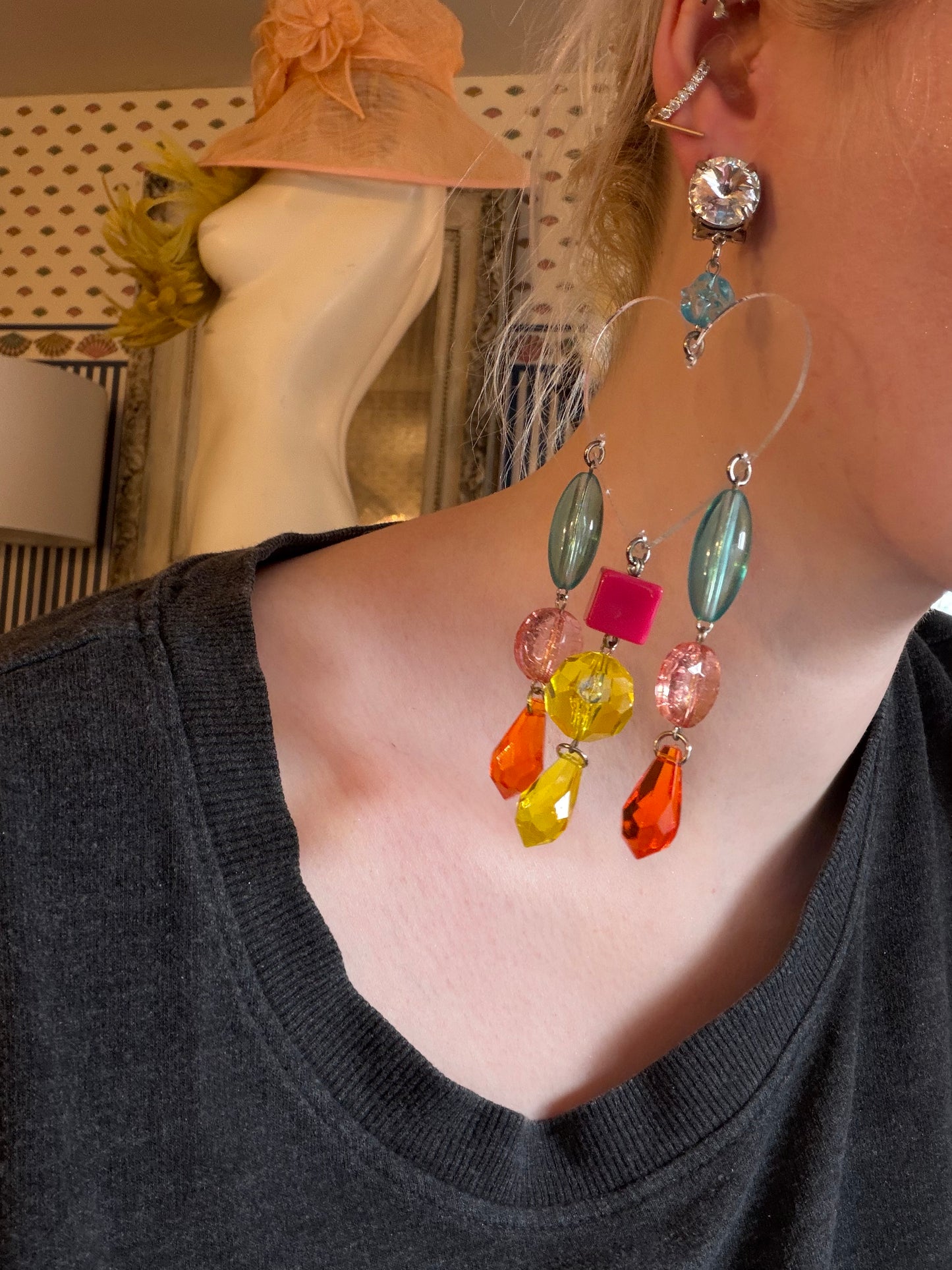 Miu Miu Lucite Heart Beaded Chandelier Earrings