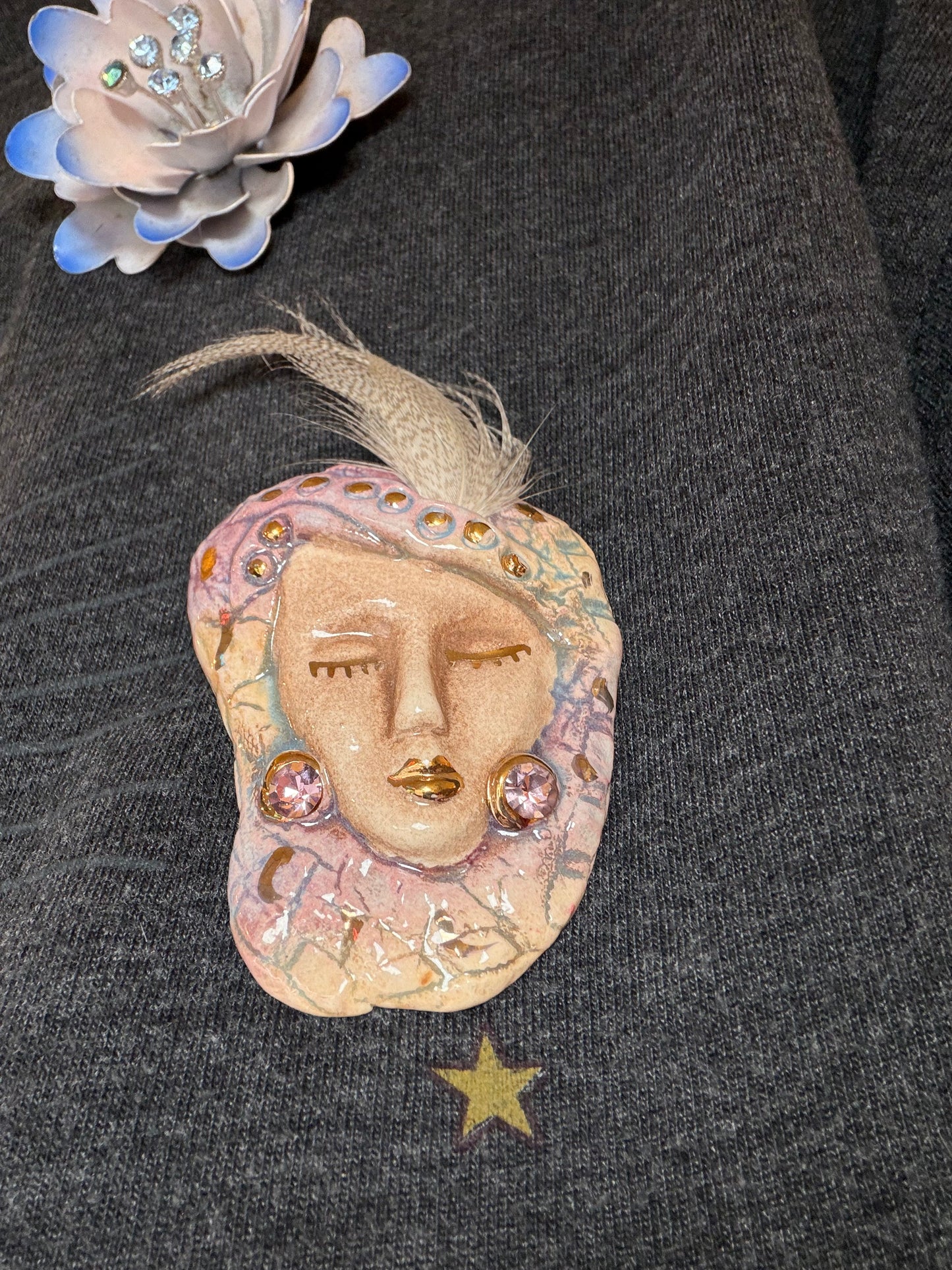Vintage Ceramic Art Deco Lady Brooch, Artist-Made