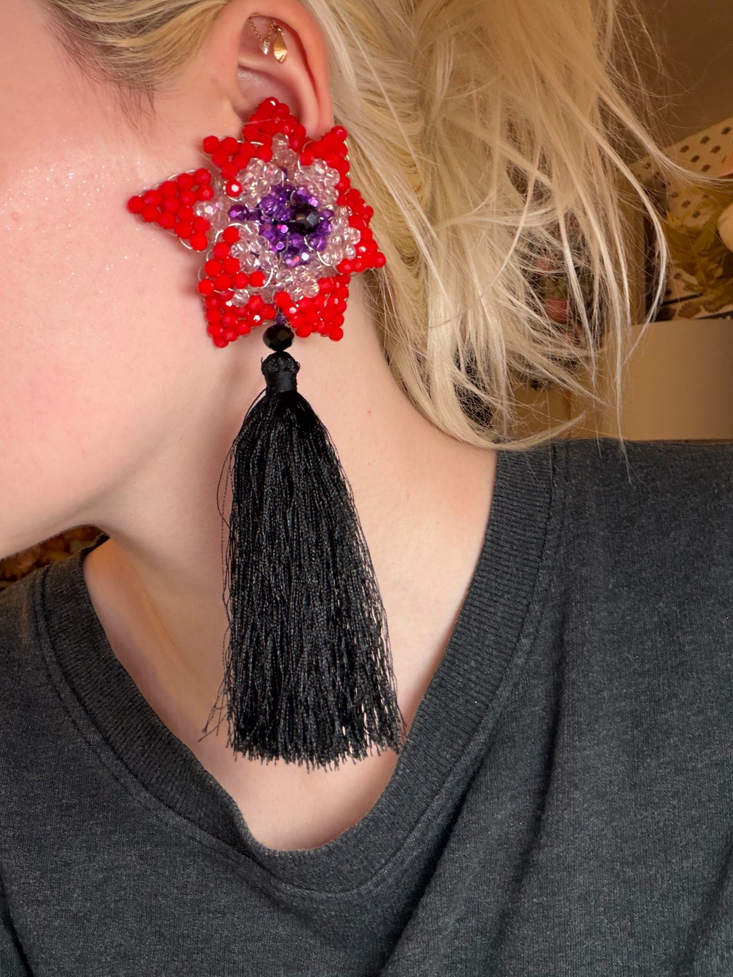 Iris Apfel's Vintage Beaded Starflower Clip On Tassel Earrings - Red