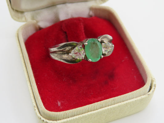 Vintage Sterling Silver Emerald & White Topaz Ring