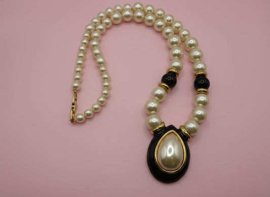 Vintage Napier Black Enamel Pearl Statement Necklace