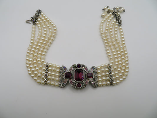 Vintage Decadent Princess 5-Strand Pearl Crystal Choker