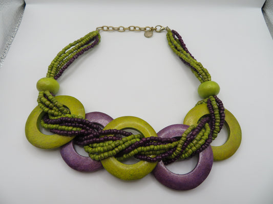Vintage Eggplant Lime Wooden Statement Necklace