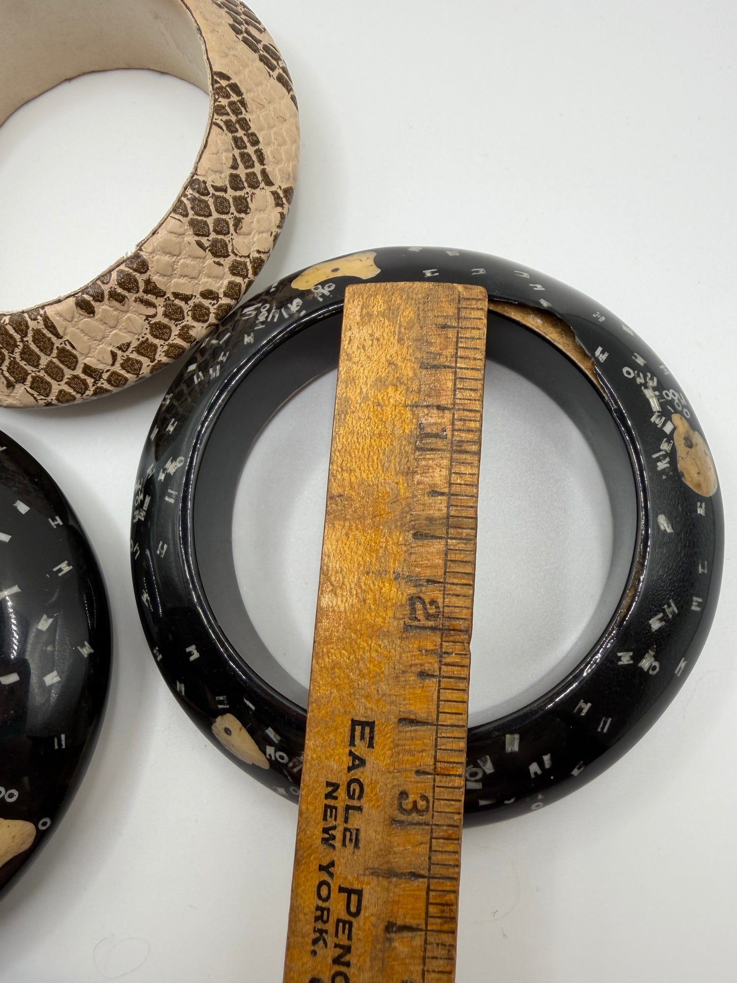 Vintage Snakeskin & Abstract Black Chunky Bangle Set - 3 Unique Bangles