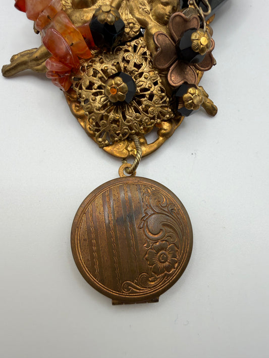 Vintage Sarah Jane Victorian Revival Cherub & Locket Statement Brooch