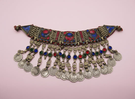 Iris Apfel's Vintage Antiqued Kuchi Ornate Rainbow Coin Necklace
