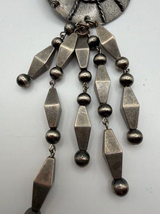 Vintage Sarah Jane Gunmetal Spiral Statement Pendant with Bead Fringe