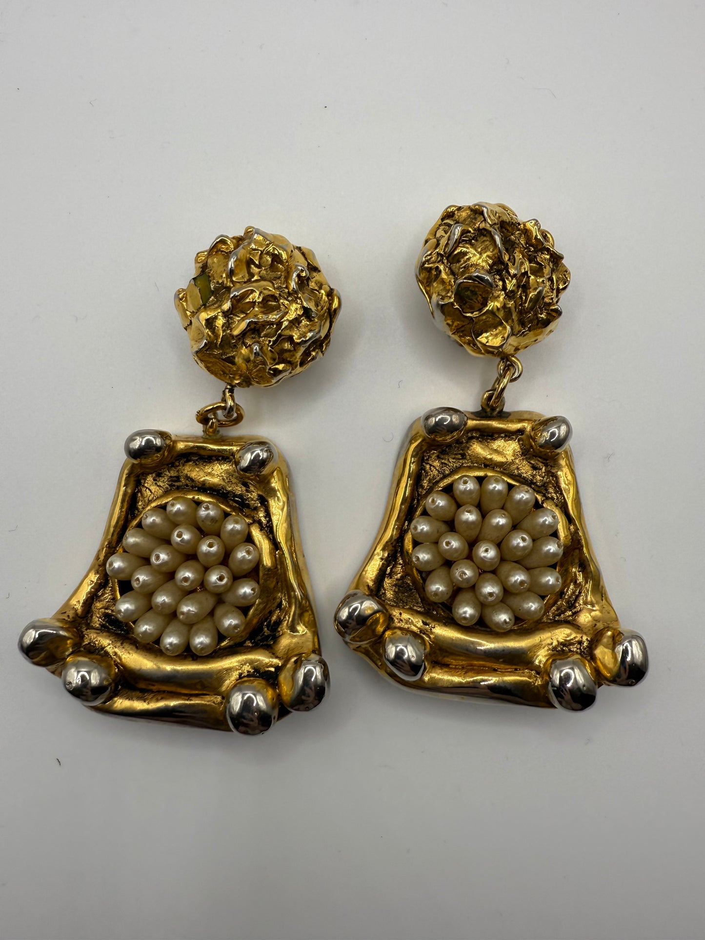 Vintage Massive French Rococo Chunky Gold Pearl Chandelier Earrings