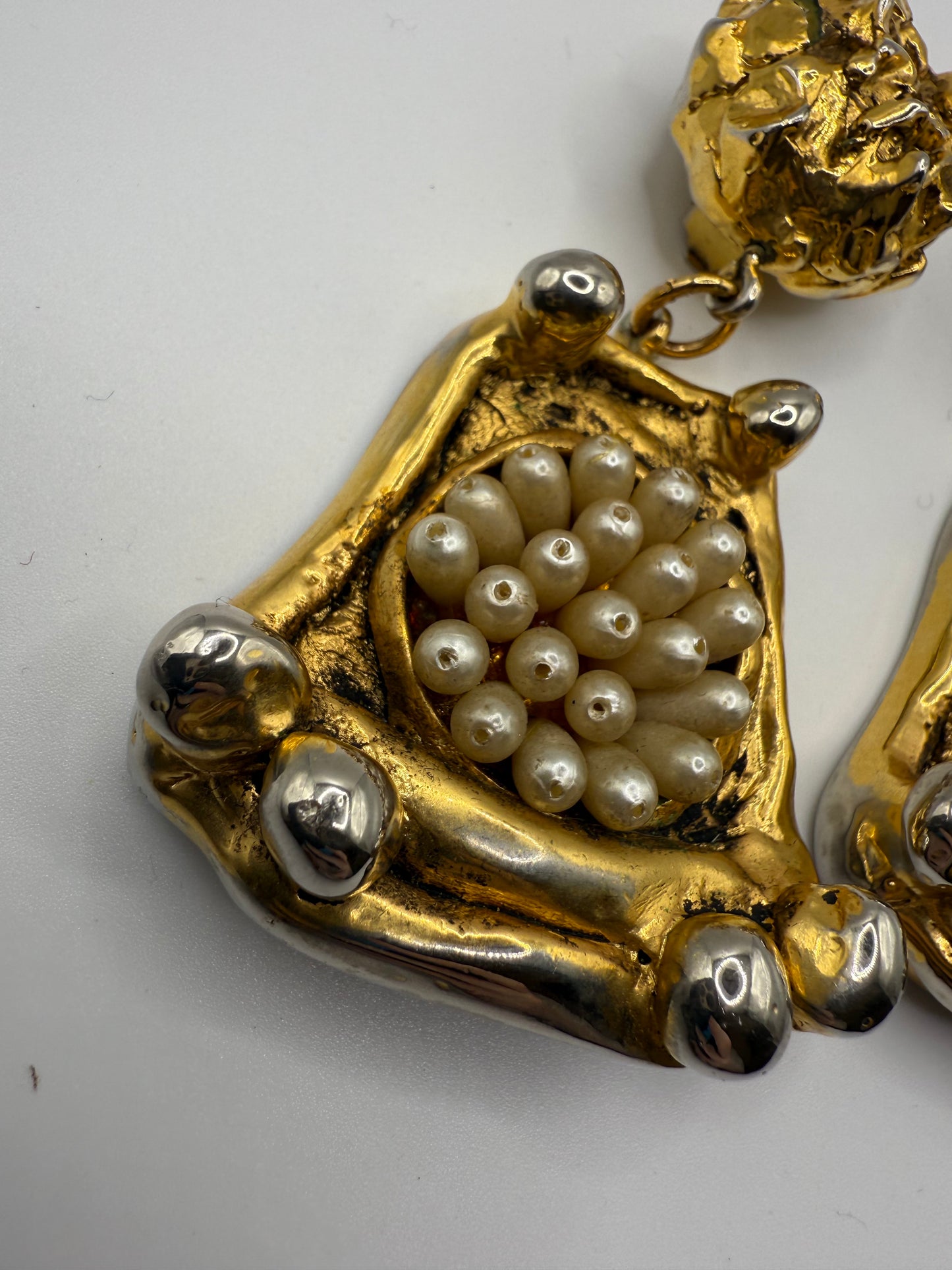 Vintage Massive French Rococo Chunky Gold Pearl Chandelier Earrings
