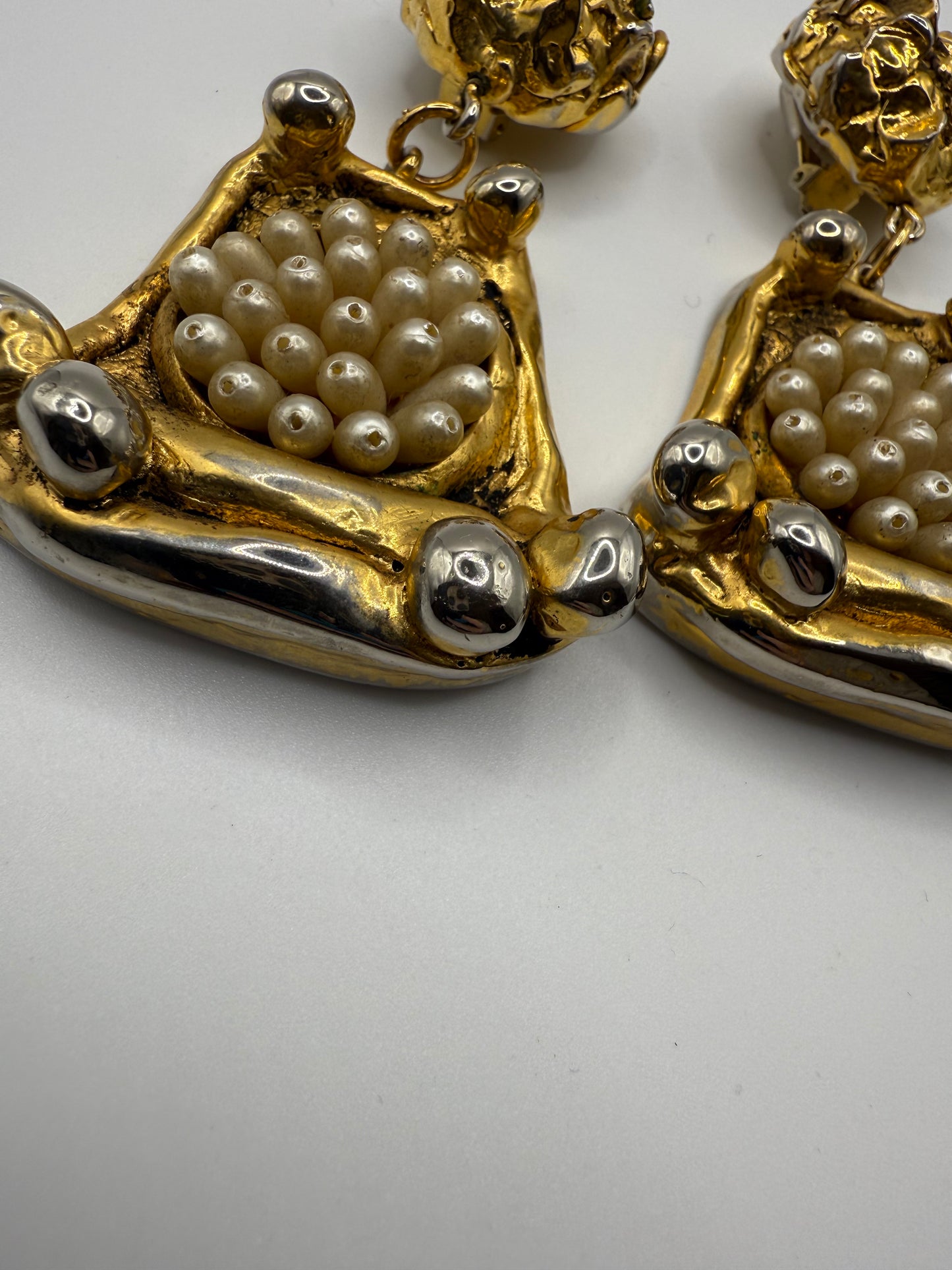 Vintage Massive French Rococo Chunky Gold Pearl Chandelier Earrings