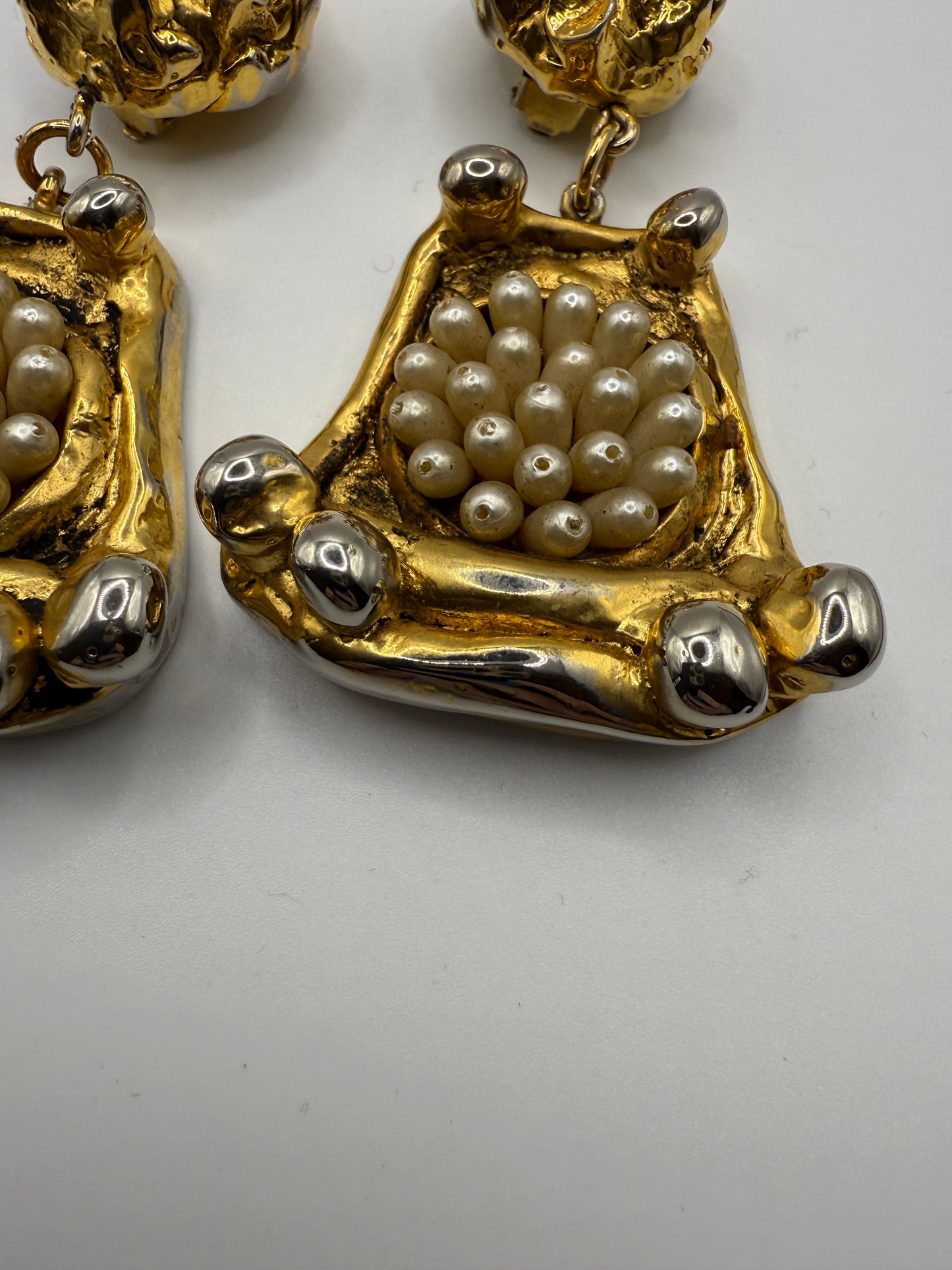 Vintage Massive French Rococo Chunky Gold Pearl Chandelier Earrings