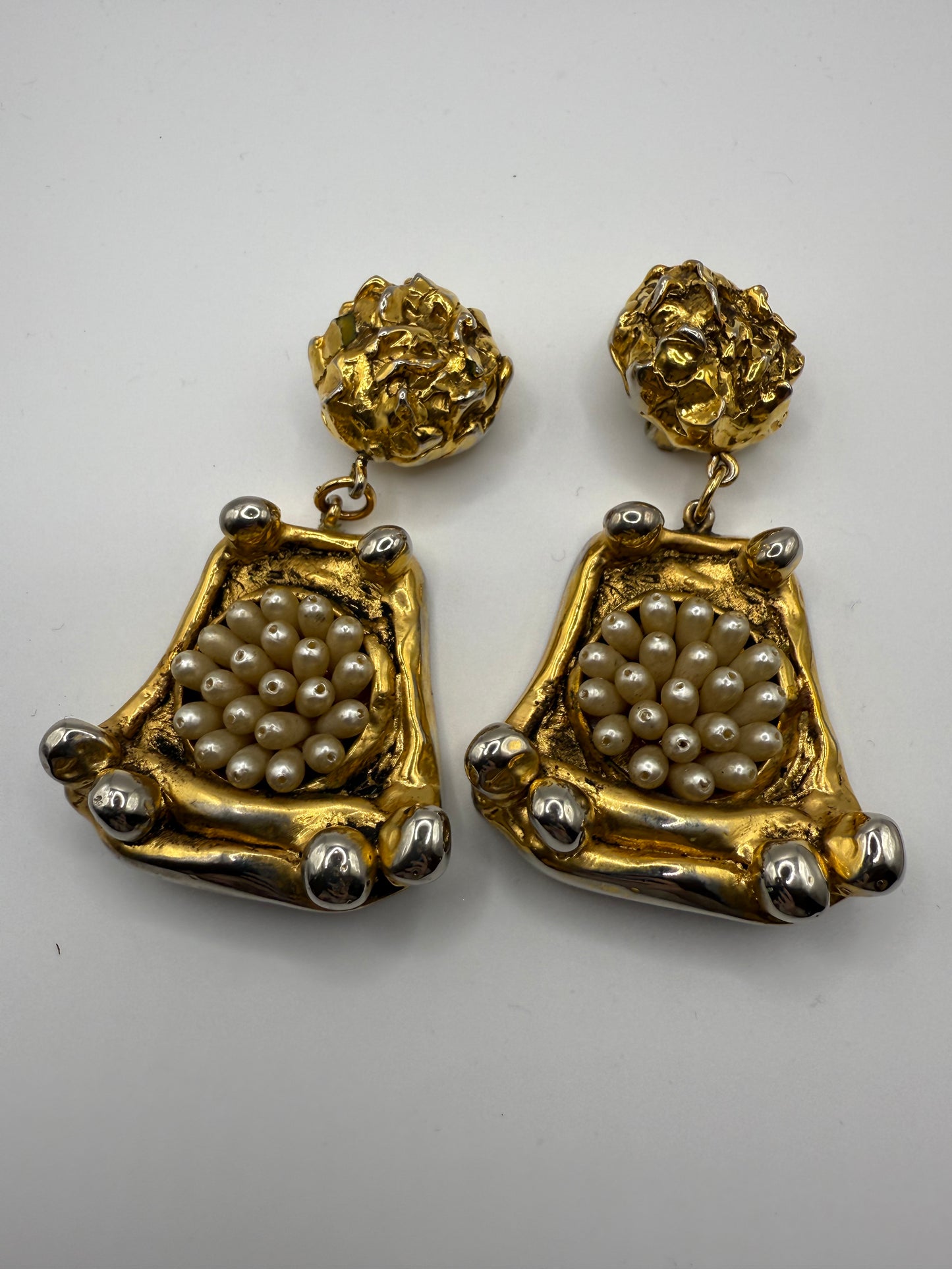 Vintage Massive French Rococo Chunky Gold Pearl Chandelier Earrings